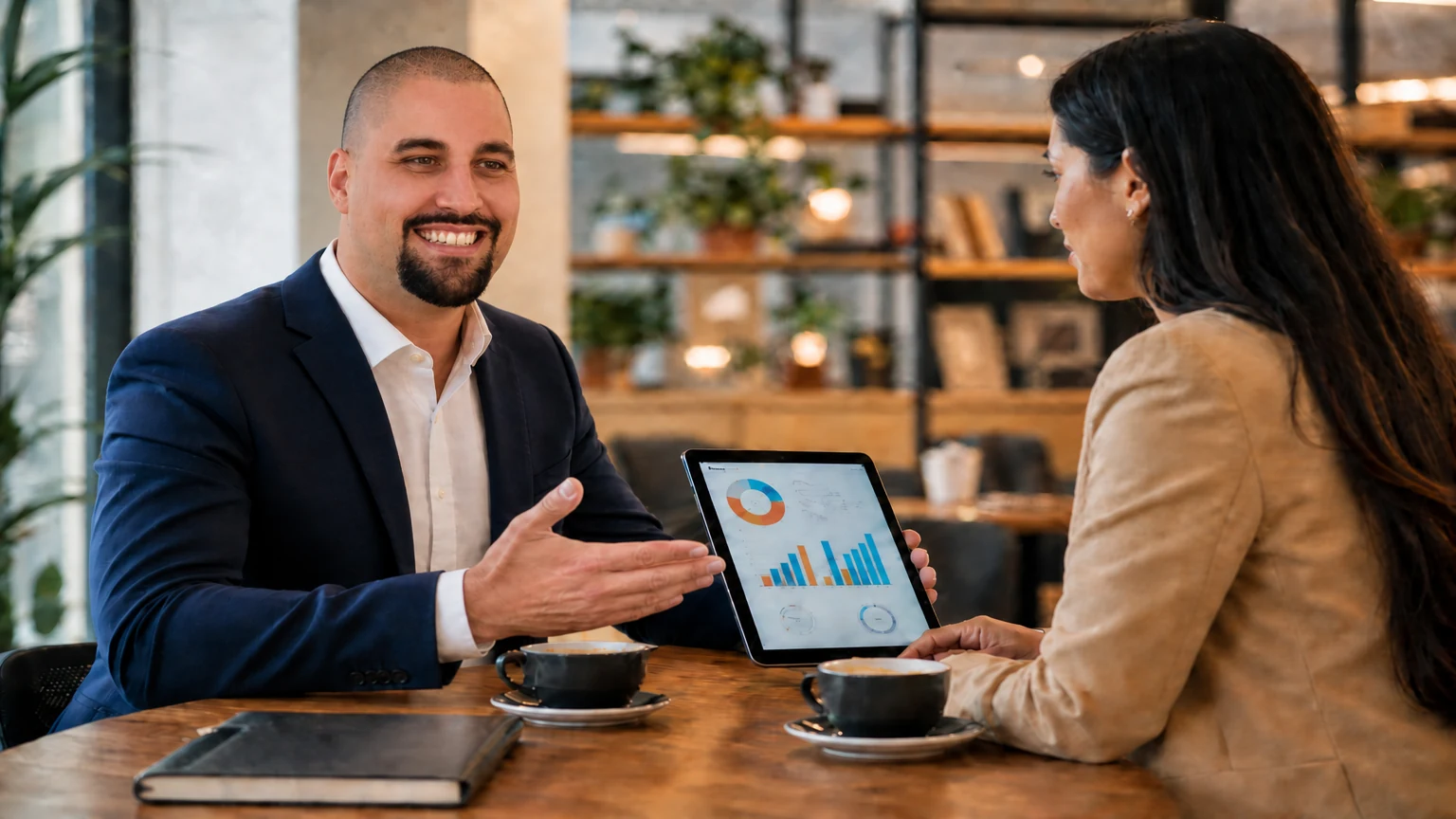 Josh Chapman reviewing analytics with a client during a consultation session